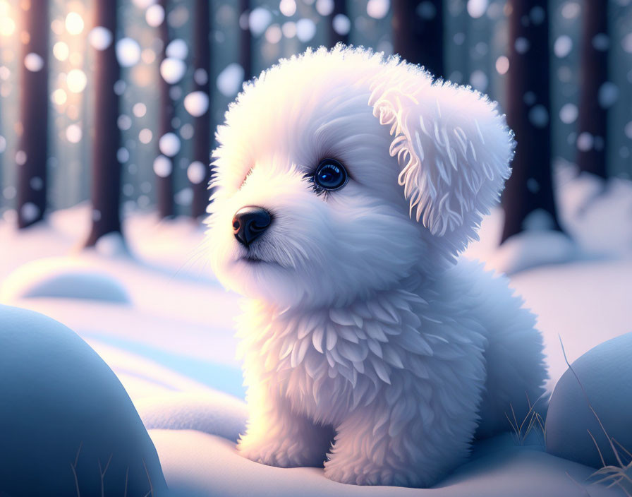 White fluffy puppy in snowy forest with soft light.