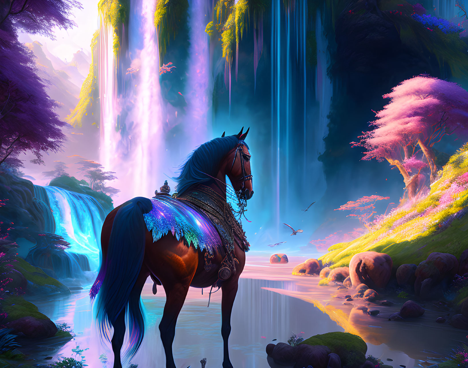 Majestic winged horse in serene fantasy landscape