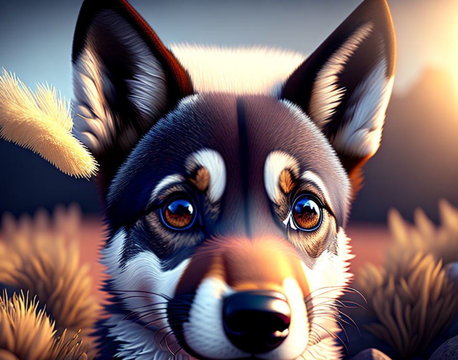 Detailed Close-Up Corgi Illustration with Expressive Eyes and Fur Against Warm Sunset Background