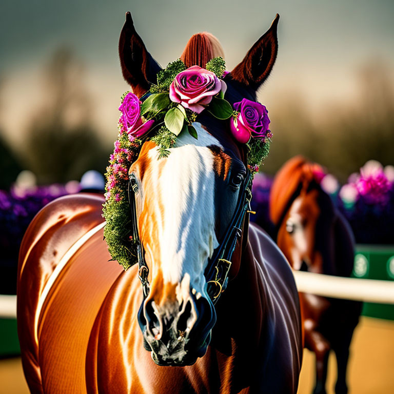 Chestnut Horse with Floral Crown and Second Horse in Background