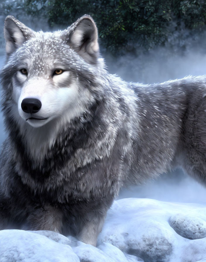 Realistic 3D-rendered gray wolf in snowy, misty environment