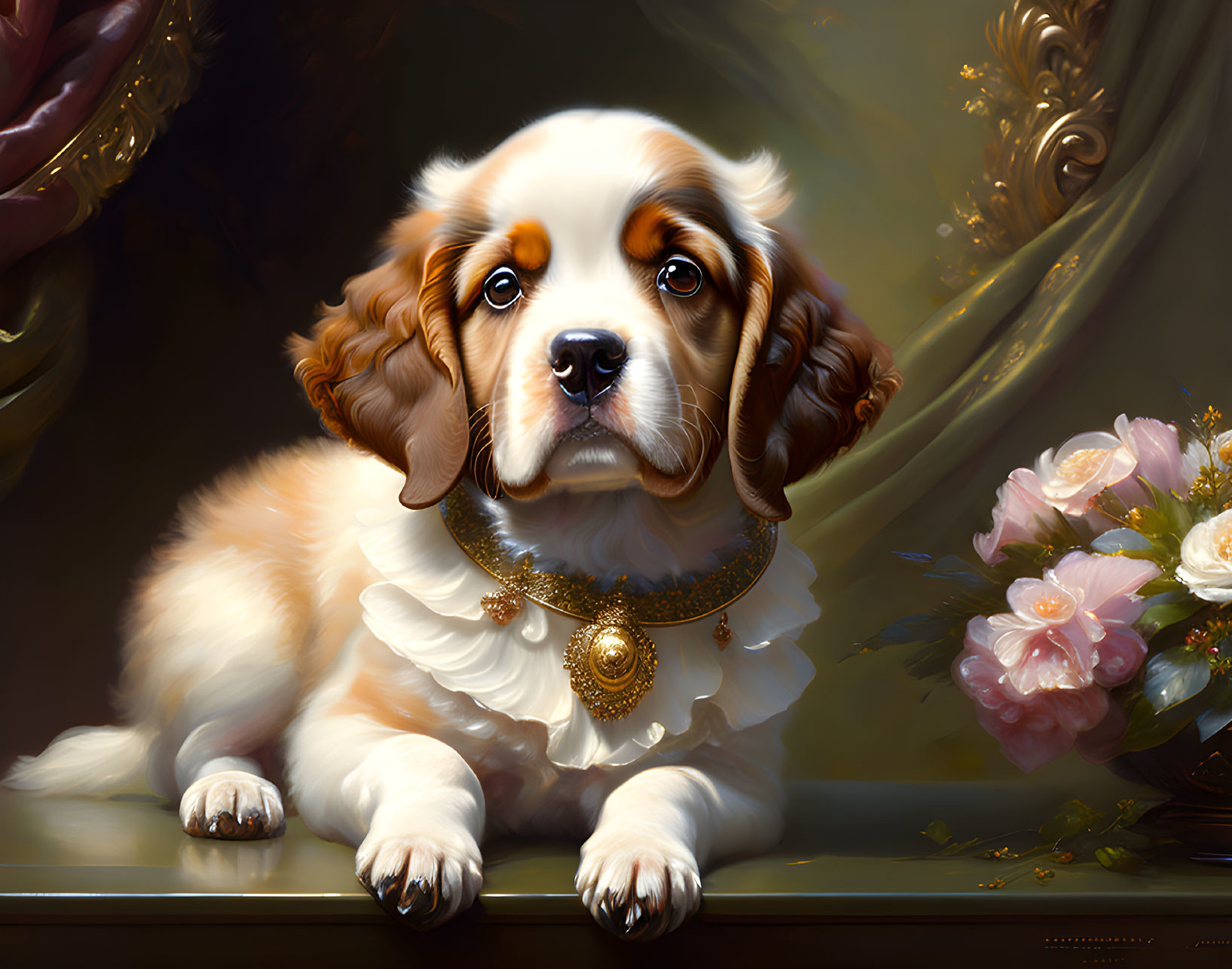 Adorable puppy digital painting with soulful eyes and gold necklace