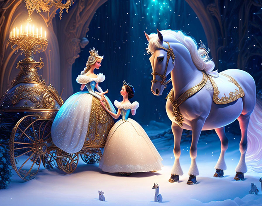 Enchanting snowy forest scene with magical carriage and white horse