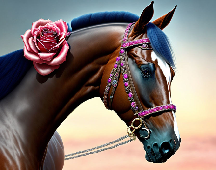 Majestic brown horse with pink jeweled bridle and rose on mane.