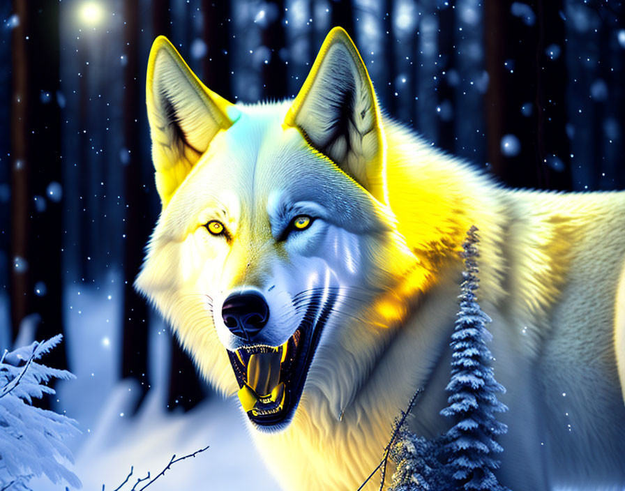 Imposing wolf with luminous eyes in snowy forest at night