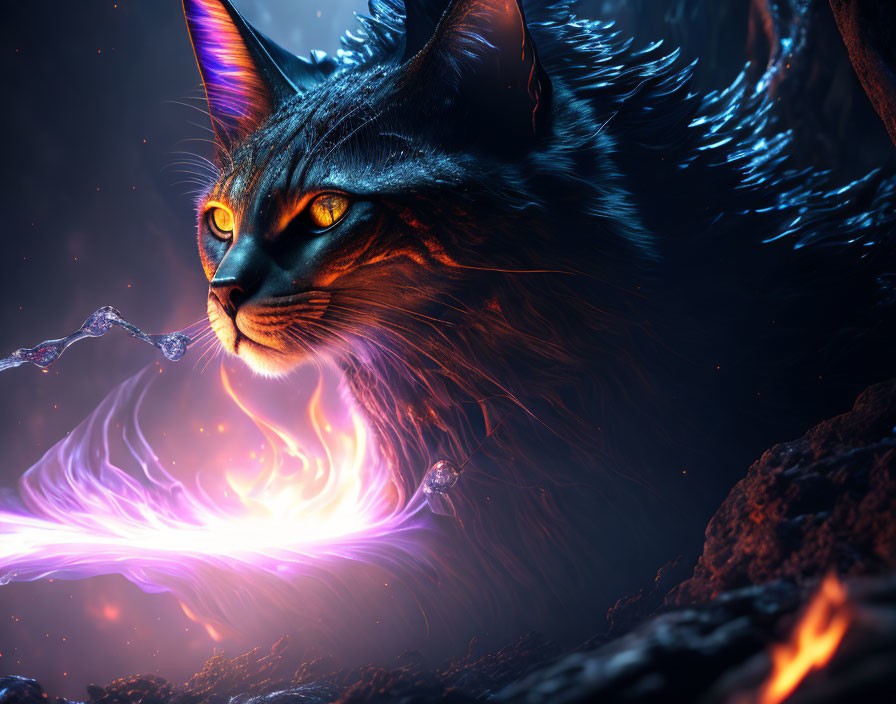 Fantastical cat with glowing orange eyes in fiery digital art.