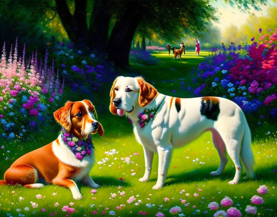 Two dogs with flower collars in a flower-filled park with a couple walking.