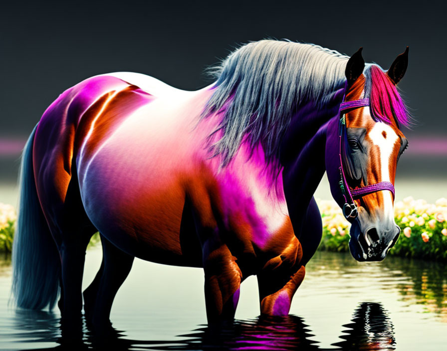 Vibrant purple to pink gradient horse by water with flowers