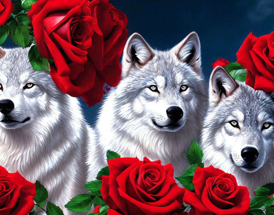 Three gray wolves with red roses on starry night sky.