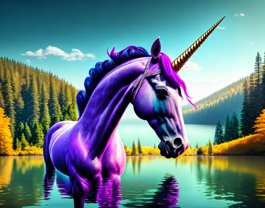 Purple unicorn with golden horn by reflective lake