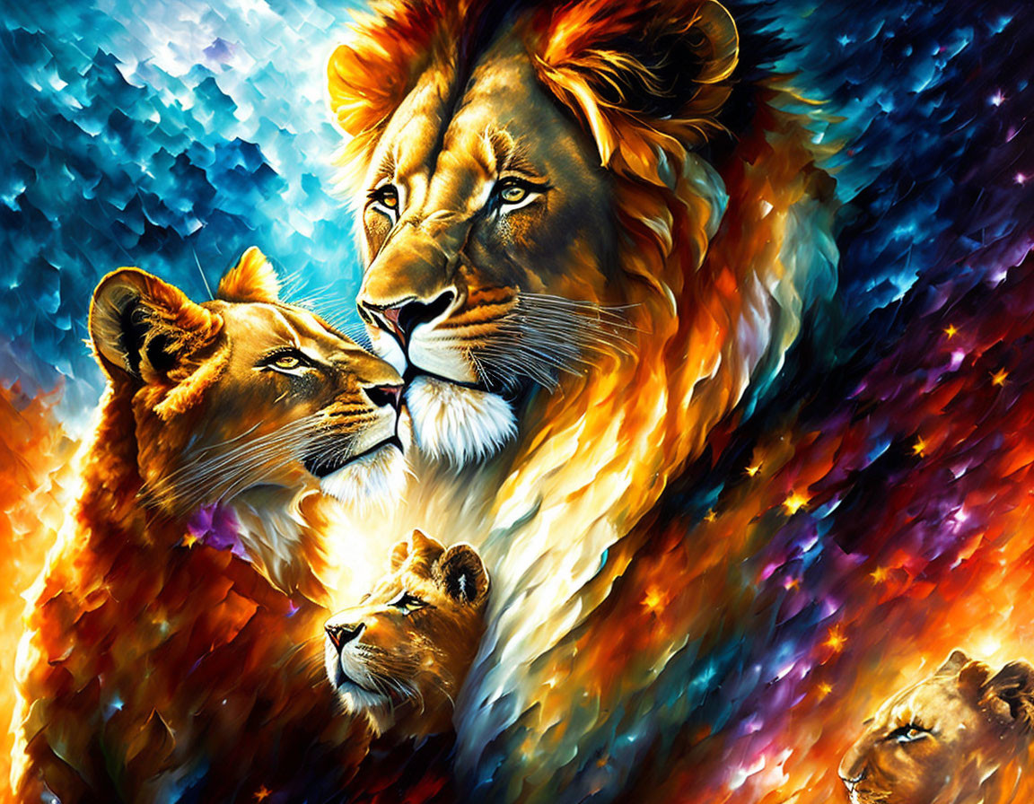 Colorful digital painting of lion family in cosmic setting