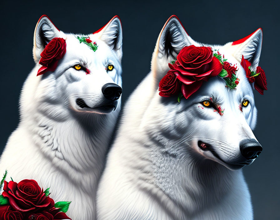 Illustrated white wolves with red roses and green leaves on dark background