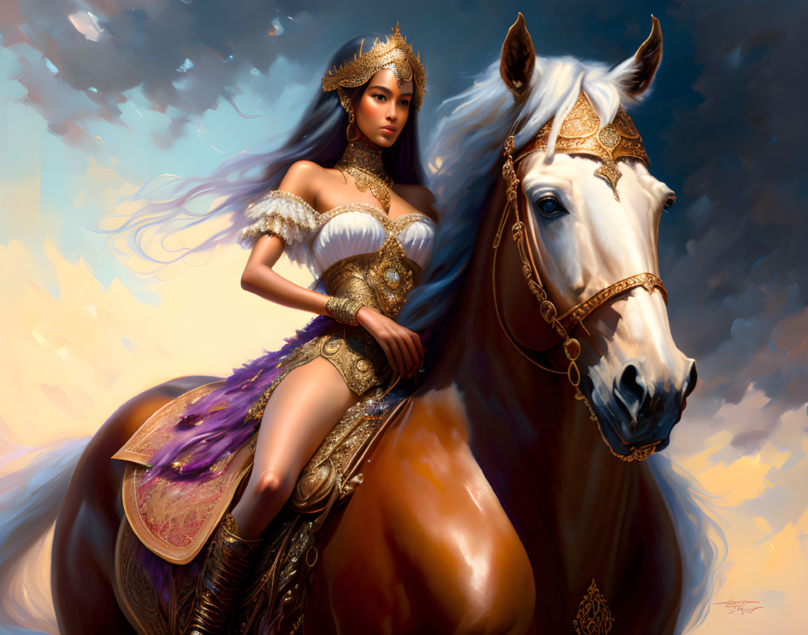 Woman in Golden Armor Riding Chestnut Horse Under Dramatic Sky