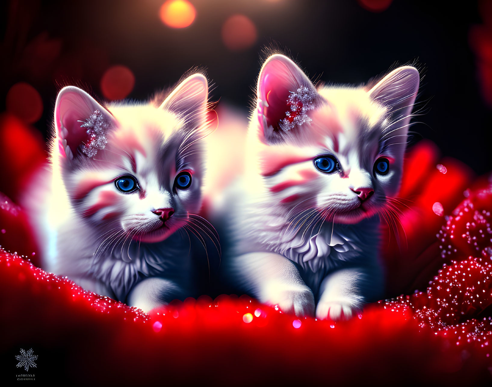 Fluffy kittens with blue eyes in festive red lights and bokeh