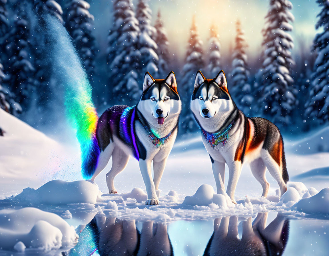 Colorful glowing necklaces on two huskies in snowy landscape with aurora sky