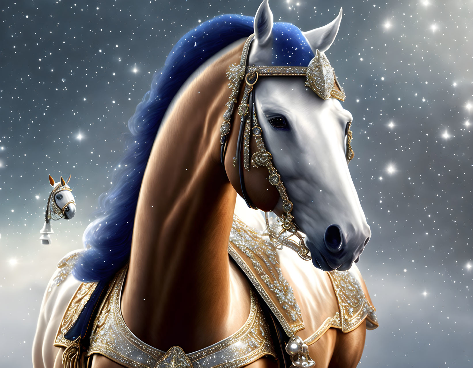 White Horse with Golden Mane and Blue/Gold Bridle on Starry Background