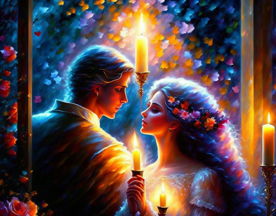 Man and woman in classical attire with candles in vibrant digital painting