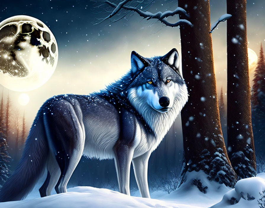 Majestic wolf in snowy forest under moon and sunset