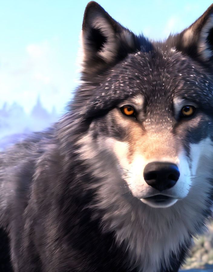 Realistic 3D-rendered wolf with yellow eyes and grey fur coat in snowy setting