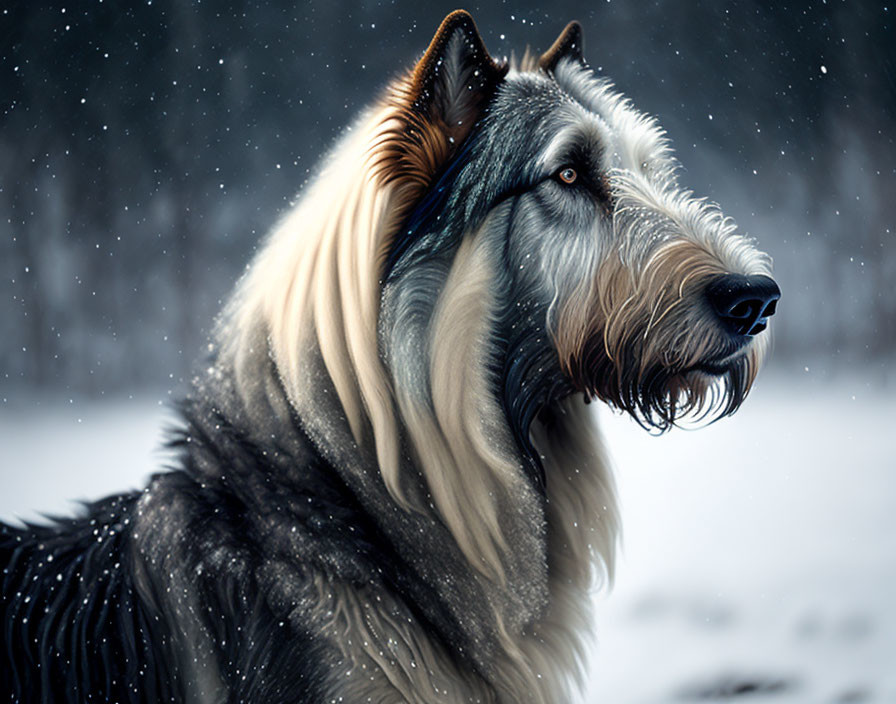 Majestic long-haired dog in falling snow with thick fur and alert eyes