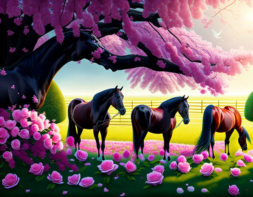 Vibrant garden scene with three horses among cherry blossoms and roses