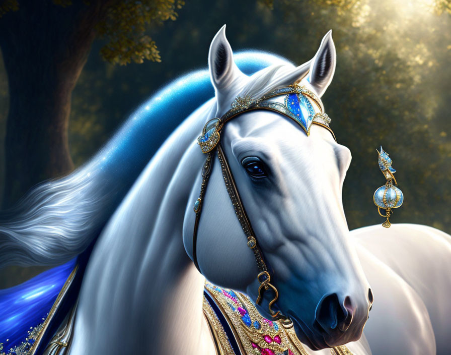 Majestic white horse with blue and gold tack in forest setting