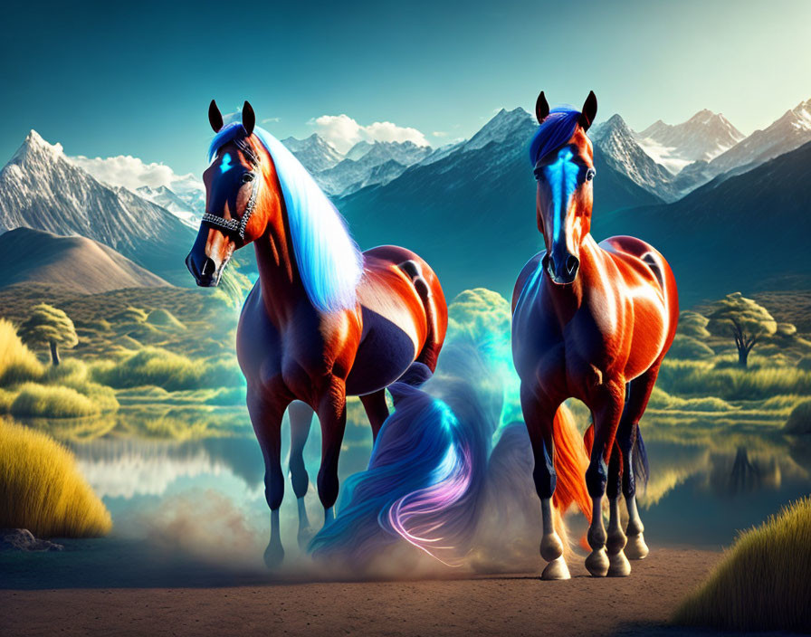 Colorful digitally-altered horses in fantasy landscape with mountains