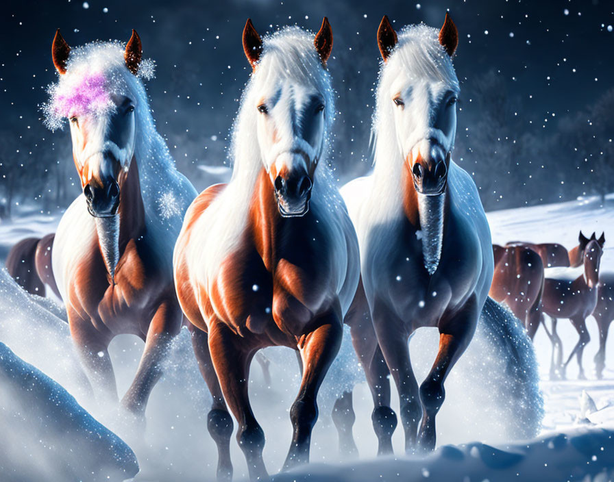 Three horses running in snowy landscape with herd under night sky