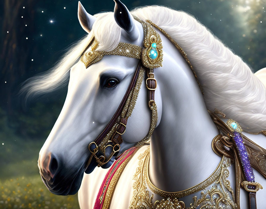 White Horse with Golden and Jeweled Tack in Starlit Setting