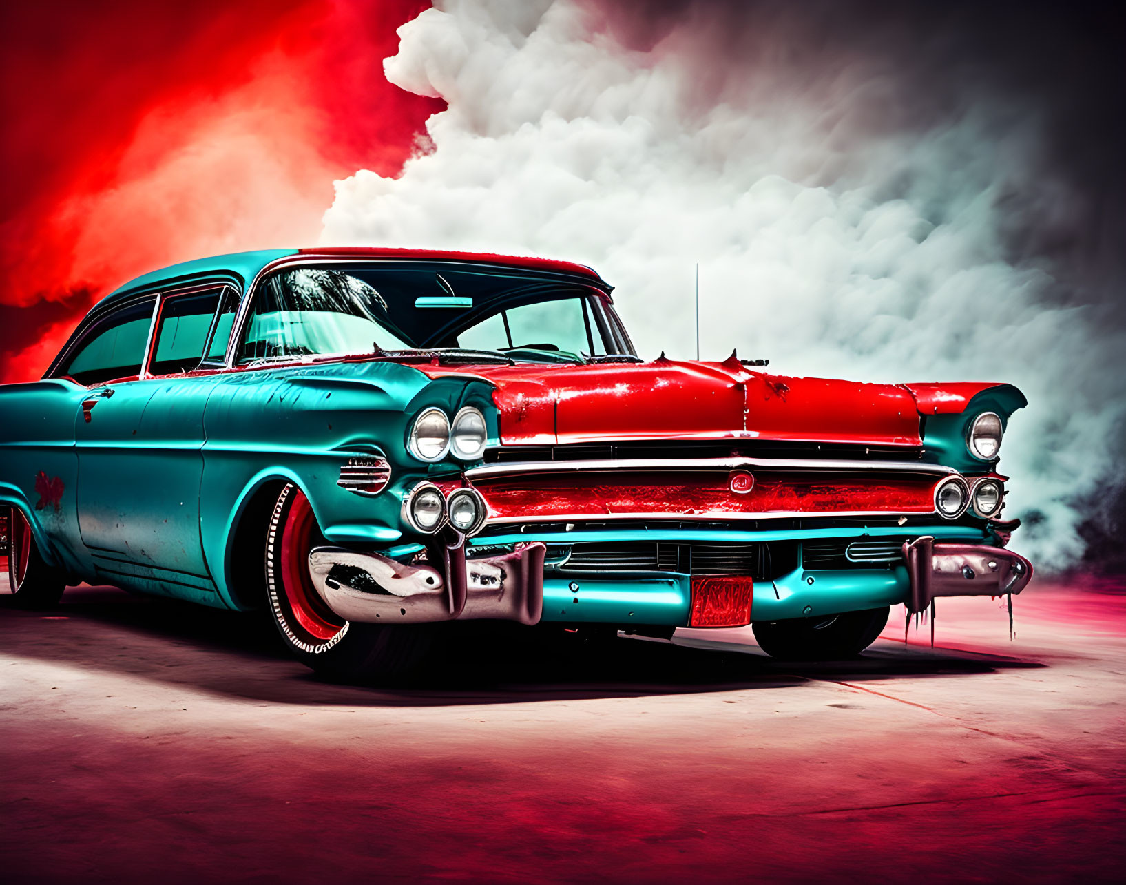 Vintage Turquoise and Red Car with Chrome Details on Smoky Red Background