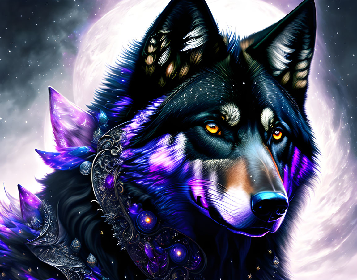 Mystical wolf with glowing eyes in cosmic setting