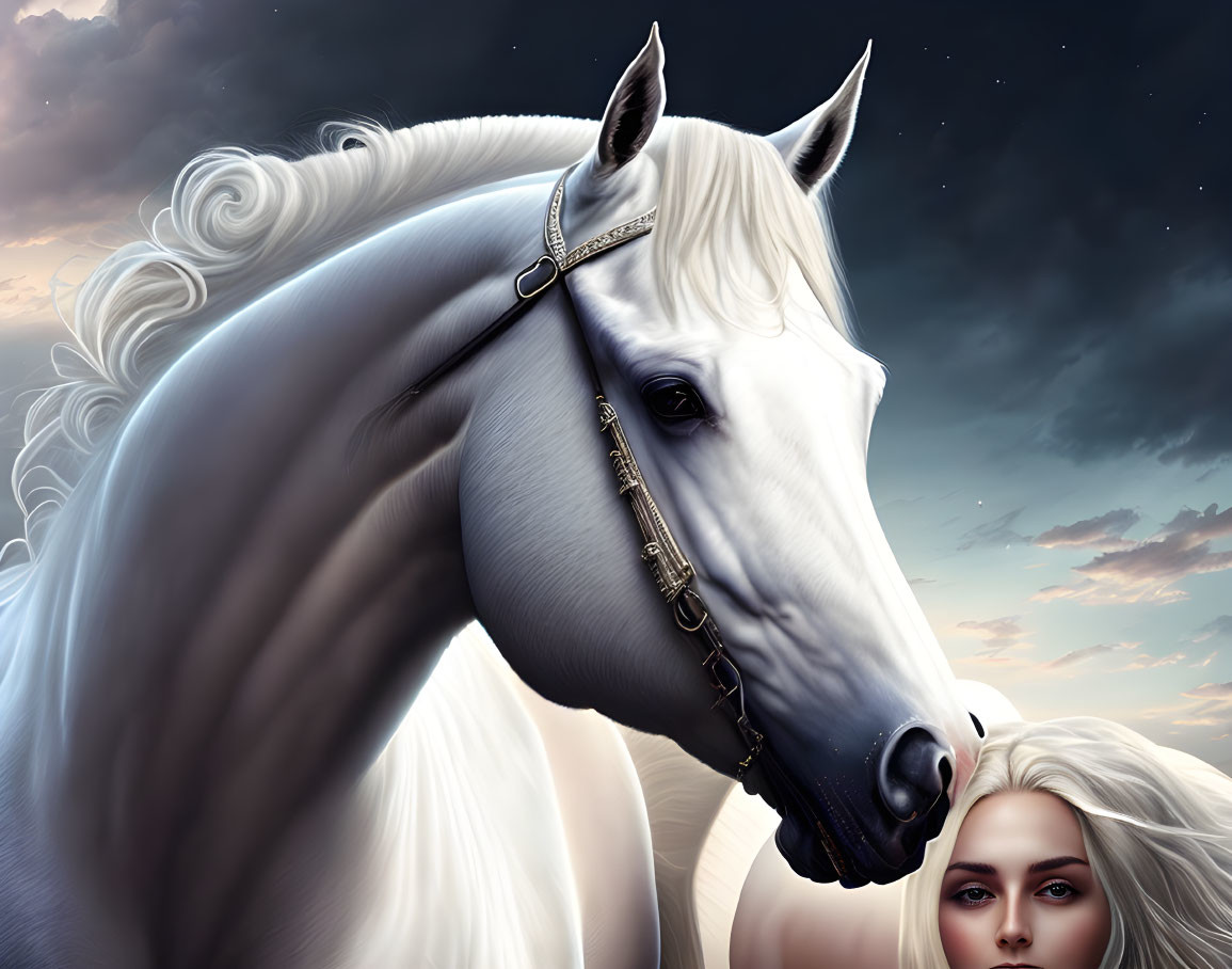 Detailed Bridle White Horse Beside Woman's Face Twilight Sky