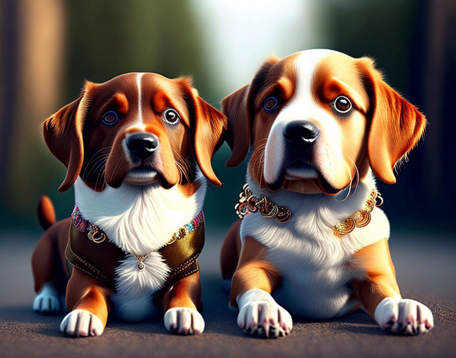 Two expressive-eyed puppies in stylish collars on road under sunlight