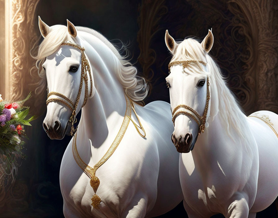 Two White Horses with Ornate Bridle Gear and Bouquet of Flowers on Dark Background