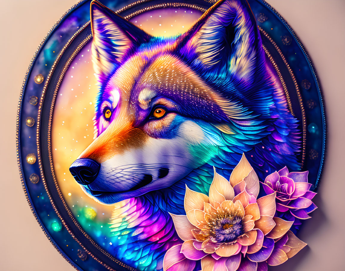 Colorful Wolf Head Illustration with Cosmic Background and Ornate Border