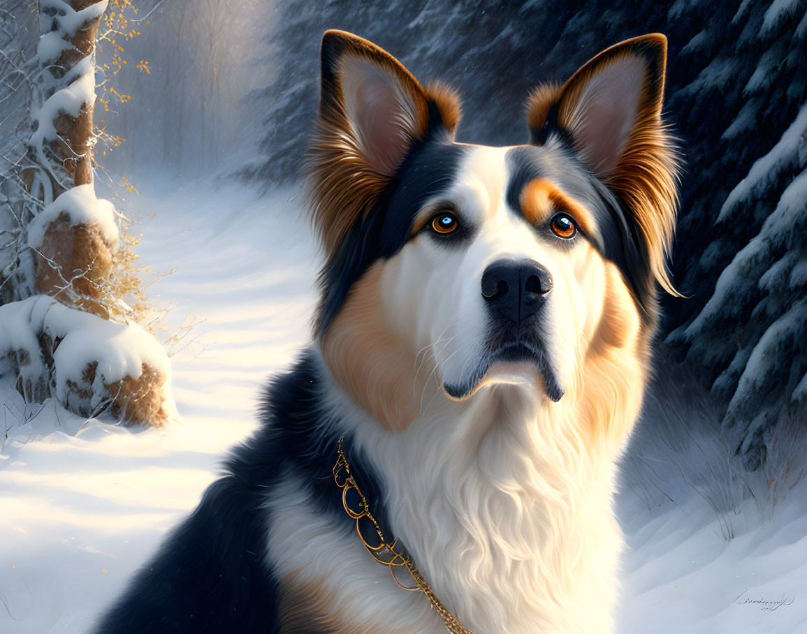 Realistic digital painting of tricolor Border Collie in snowy forest