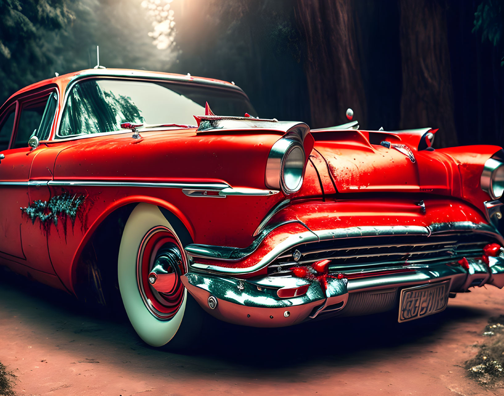 Classic Red Car with Chrome Details in Wooded Setting