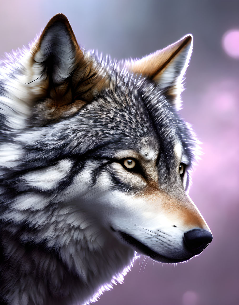 Detailed Wolf Artwork with Amber Eyes and Purple Background