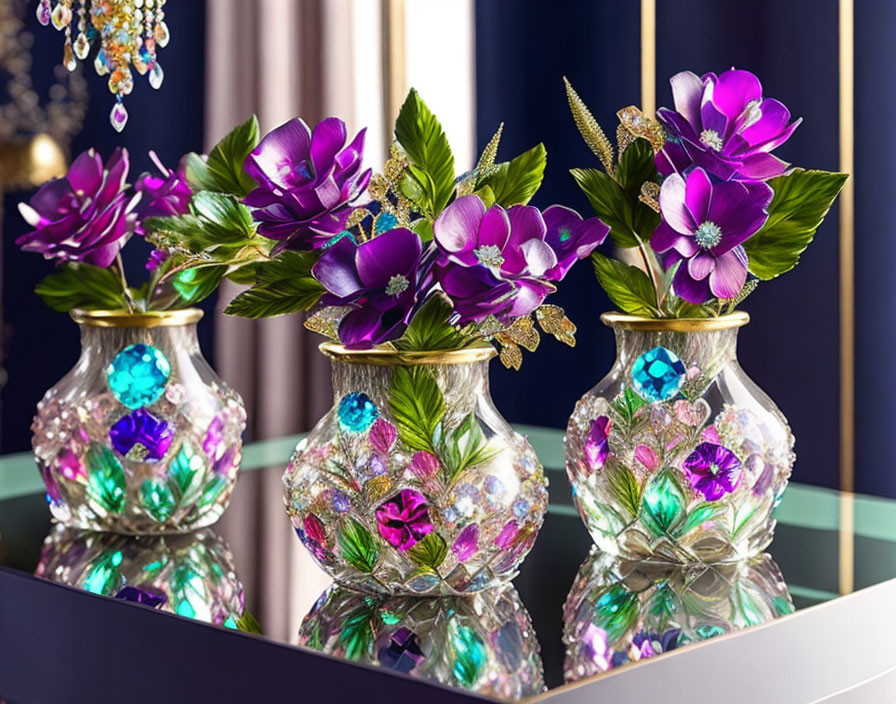 Three ornate crystal vases with colorful gem inlays and vibrant purple artificial flowers on reflective surface.