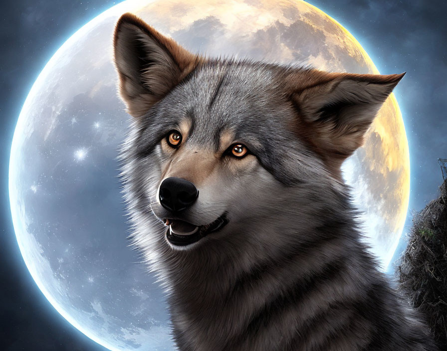 Detailed Wolf Illustration Against Full Moon in Fantasy Setting