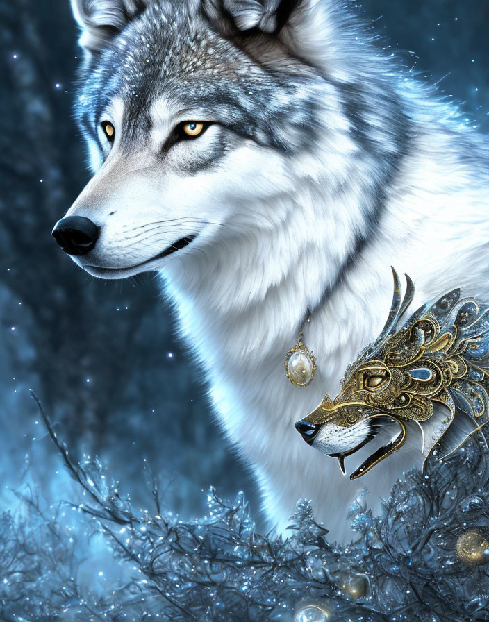 Gray Wolf with Golden Mask Pendant in Starry Winter Scene