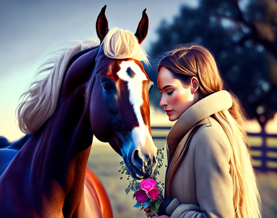 Woman in Beige Coat Touching Chestnut Horse with Pink Flower