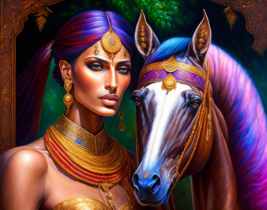 Illustration of Woman with Gold Jewelry and Decorated Horse in Vibrant, Exotic Style