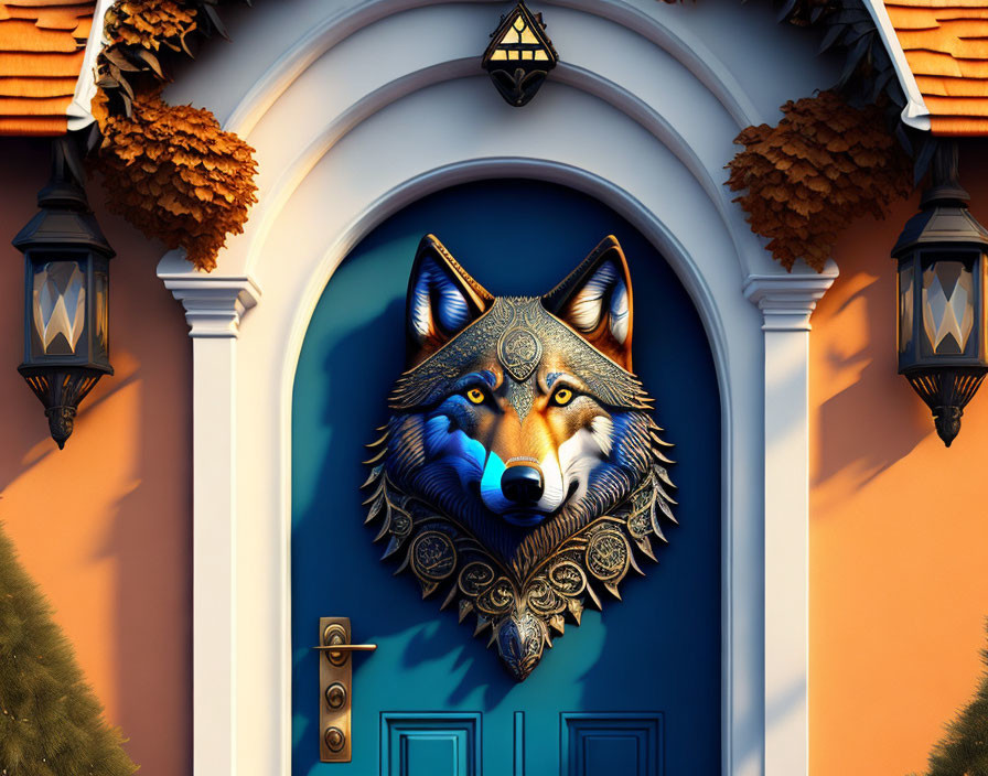 Intricate Wolf Head Design on Blue Door with Lanterns and Autumn Leaves