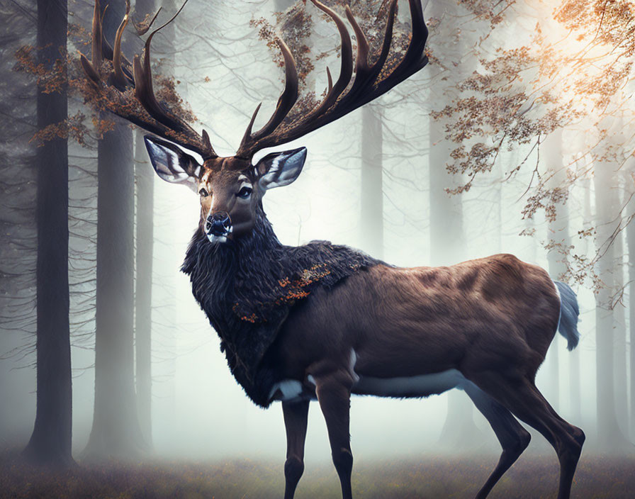 Majestic stag with autumn leaves in misty forest landscape