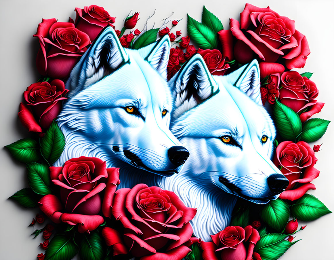 Illustrated white wolves with orange eyes among red roses on light background