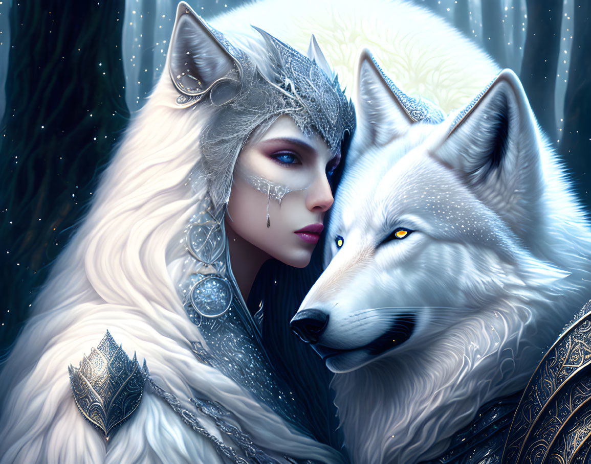 White Wolf Woman in Ornate Armor with Majestic Companion in Snowy Scene