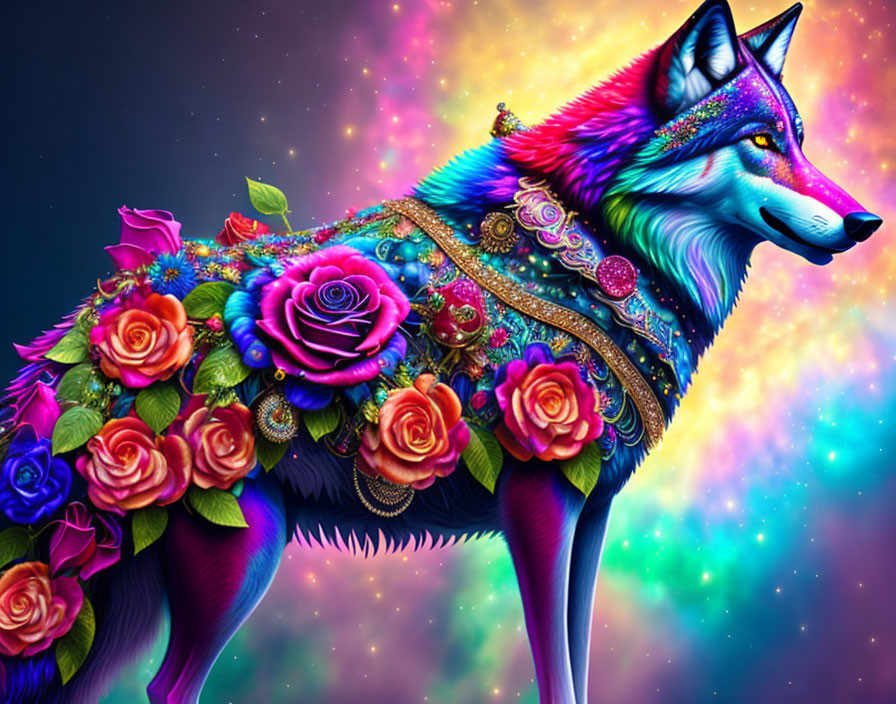 Colorful Wolf with Floral Blanket and Jewels on Cosmic Background