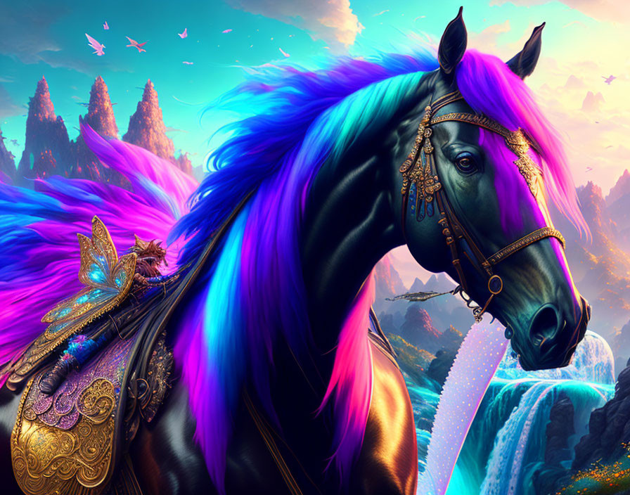 Fantasy horse with purple and blue mane in mystical landscape