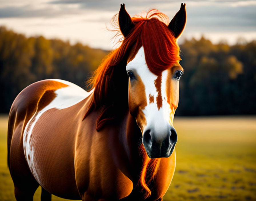 Majestic brown and white horse in field at sunset